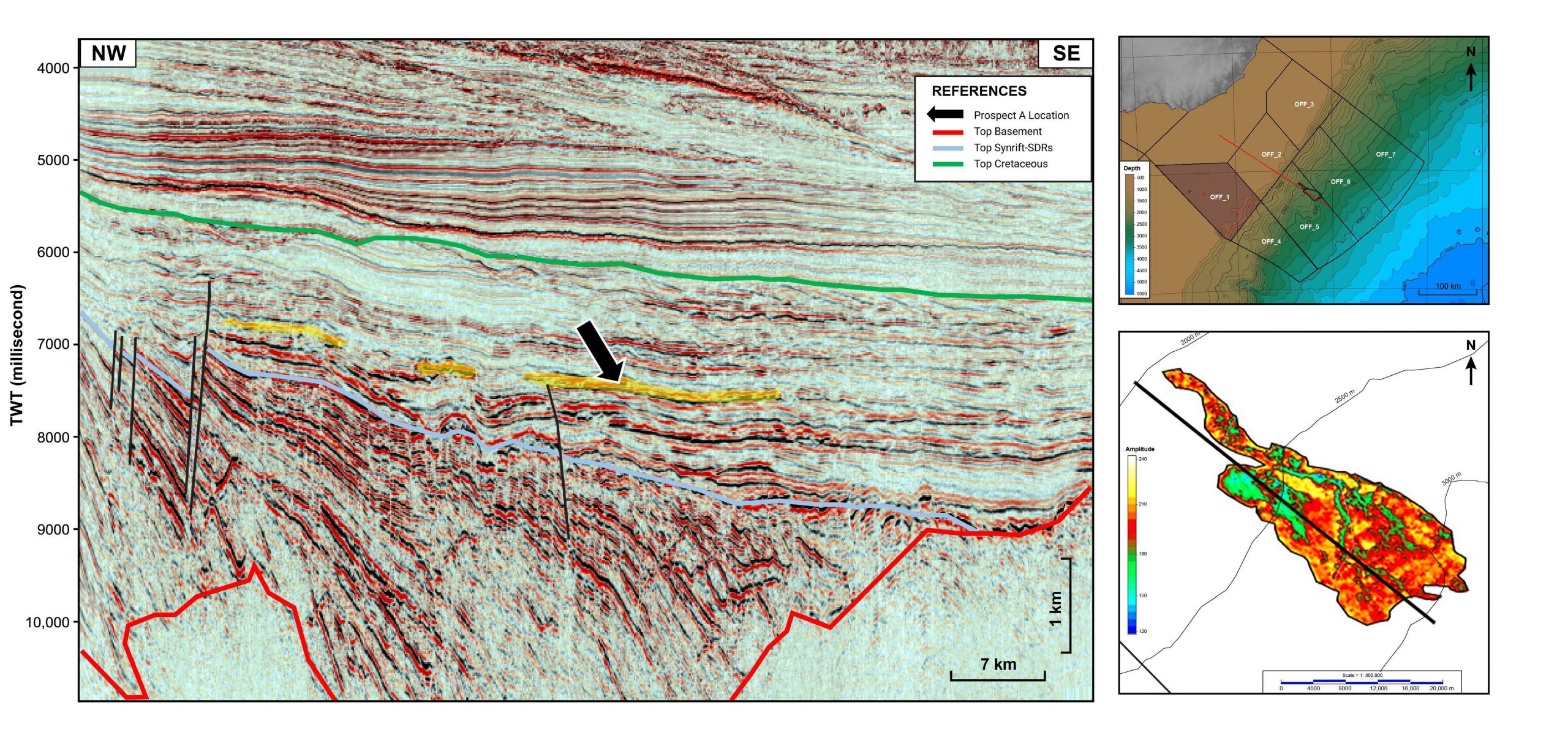 Fig. 1 – Northwest-southeast dip seismic line across Prospect A showing geometry of the mapped stratigraphic pinch-out trap. Inset maps show study area and prospect outline. Seismic polarity is SEG standard.