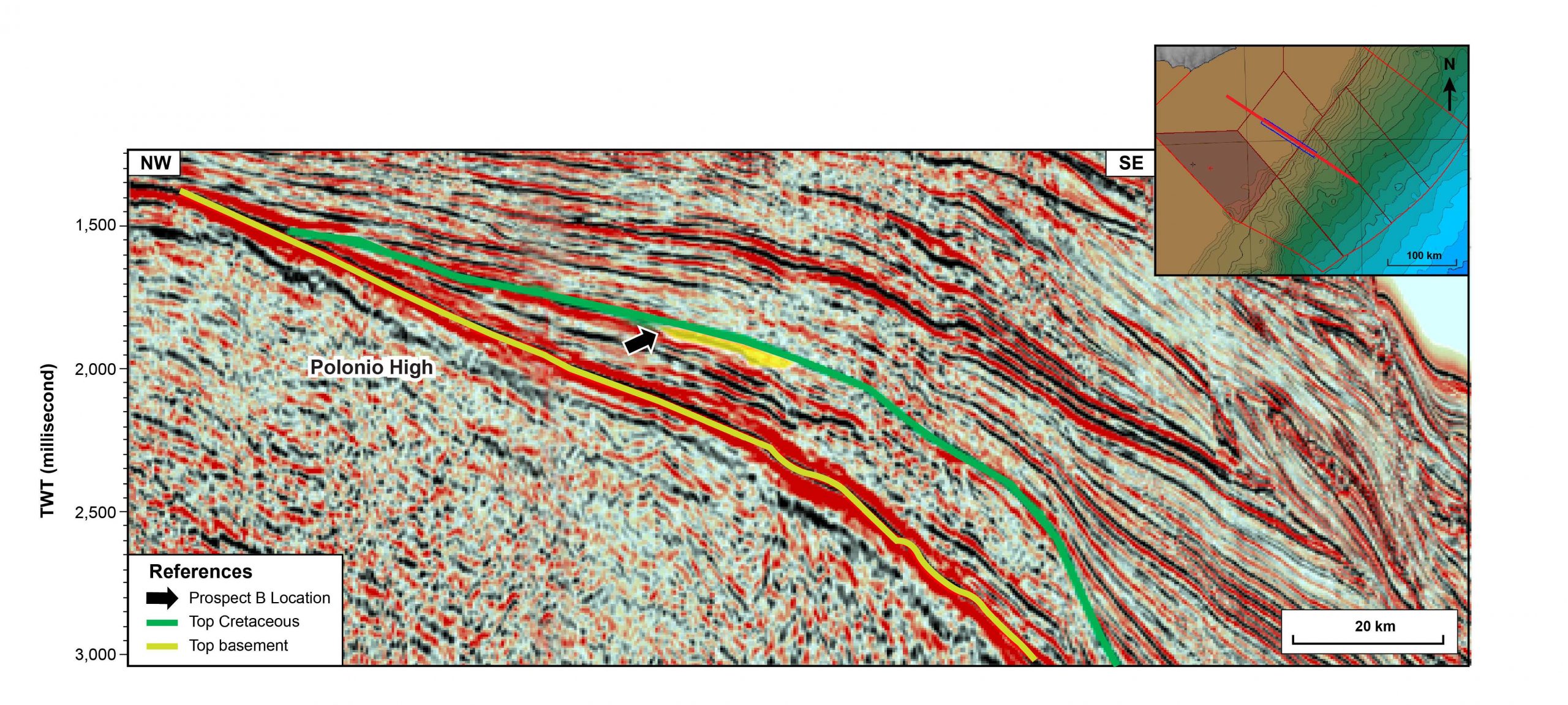 Fig. 2 – Northwest-southeast dip seismic line across Prospect B showing geometry of the mapped sub-unconformity truncation trap. Inset map shows study area and prospect location. Seismic polarity is SEG standard.
